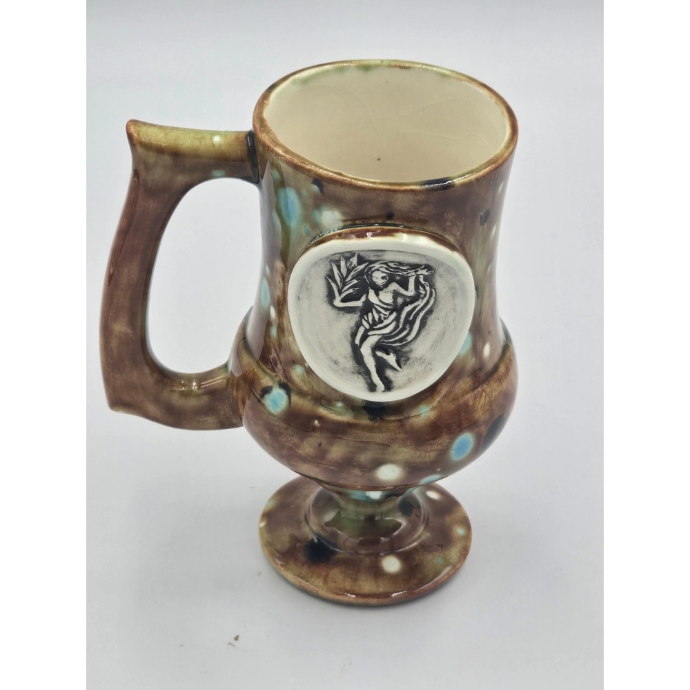 Vintage 1977 DEB Studio Pottery Chalice Mug Drip Glaze Goddess Medallion Brown